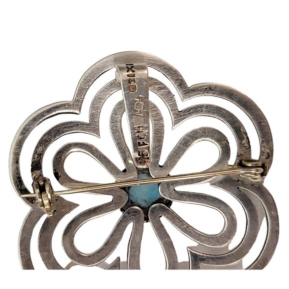 Sterling Silver Mexico Round Flower Cutout Turquoise Flower Brooch Pendant - Picture 5 of 8